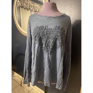 NWT Cato Women's Blue Lace Detail Long Sleeve Top XL Distressed Hem Casual